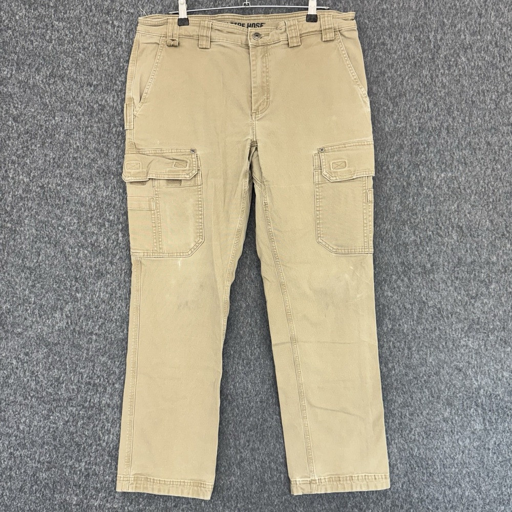 Duluth Trading Flex Fire Hose Cargo Pants Mens 36x32 Khaki Utility Work Canvas